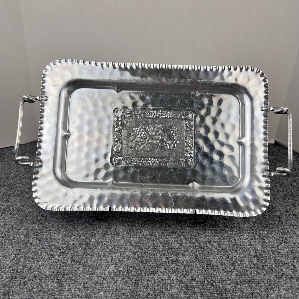 Vintage Cromwell Hand Wrought Aluminum Hammered Serving Tray Fruit Floral Design